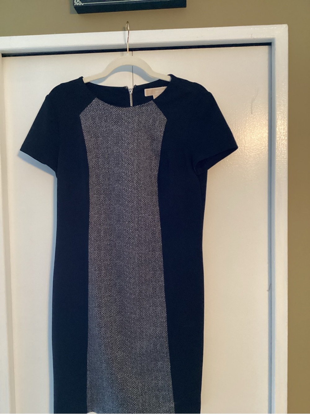 MICHAEL Michael Kors Black Midi Dress with Black/White Herringbone Panel